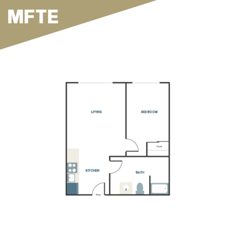 A floor plan of a small apartment with a living room, bedroom, kitchen, and bathroom.